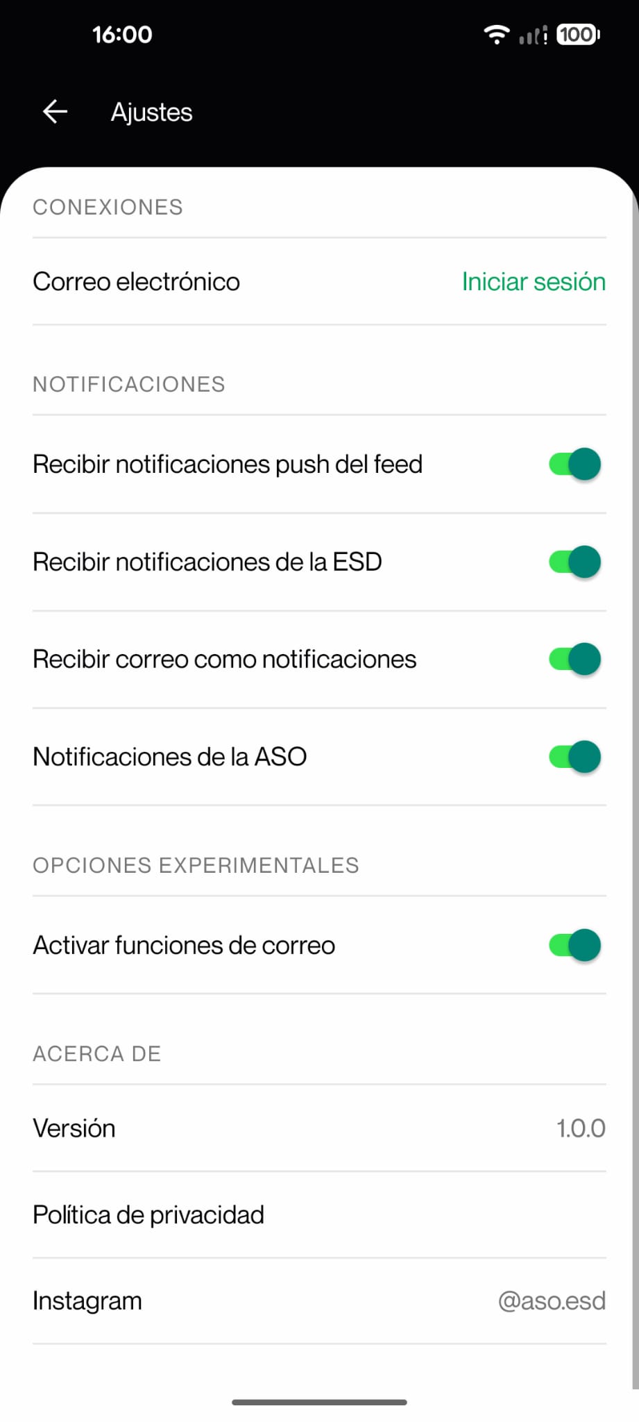 Pantalla de Ajustes de la ASO.app