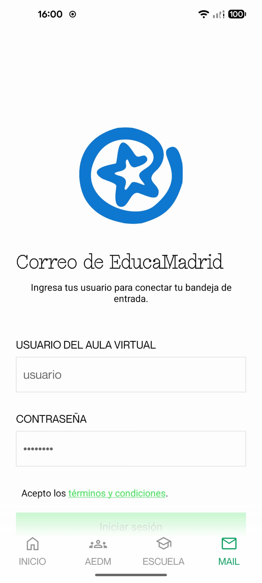 Pantalla de Correo de EducaMadrid de la ASO.app