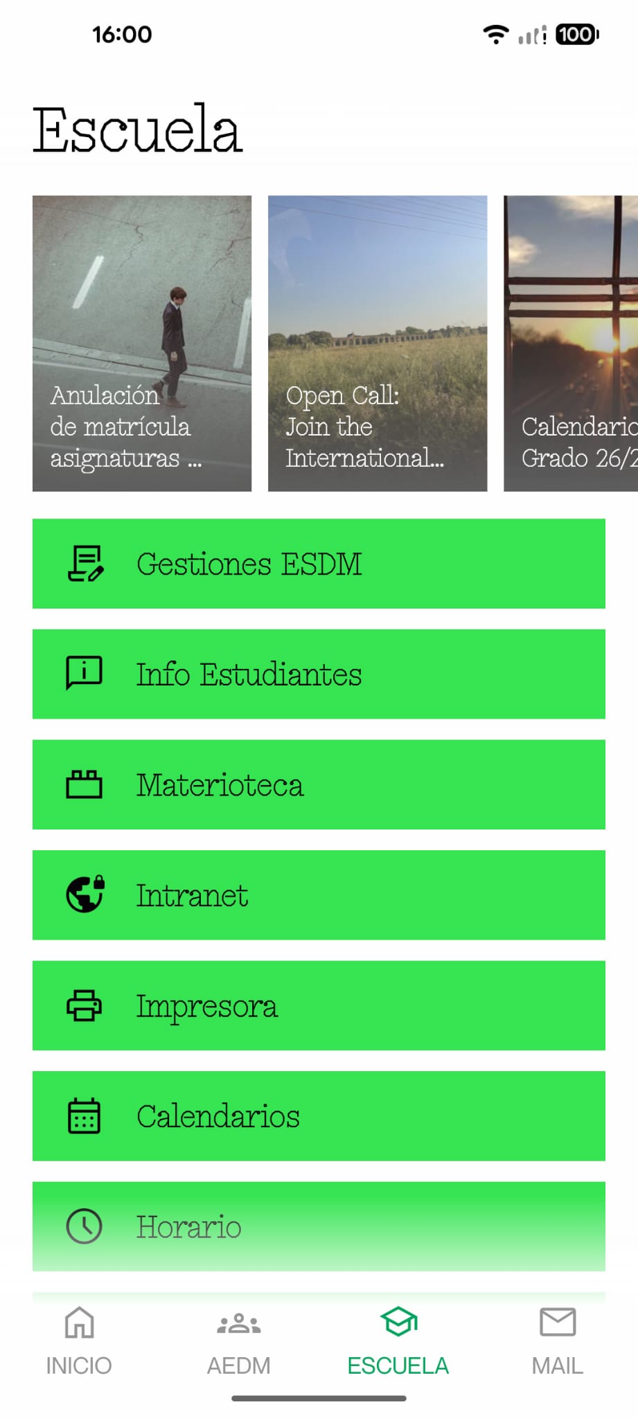Pantalla de Escuela de la ASO.app
