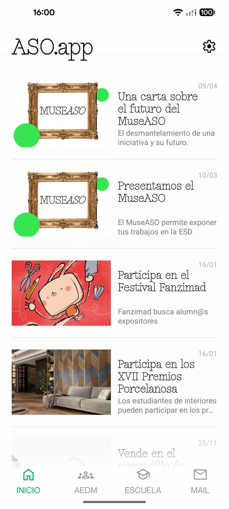 Pantalla de inicio de la ASO.app