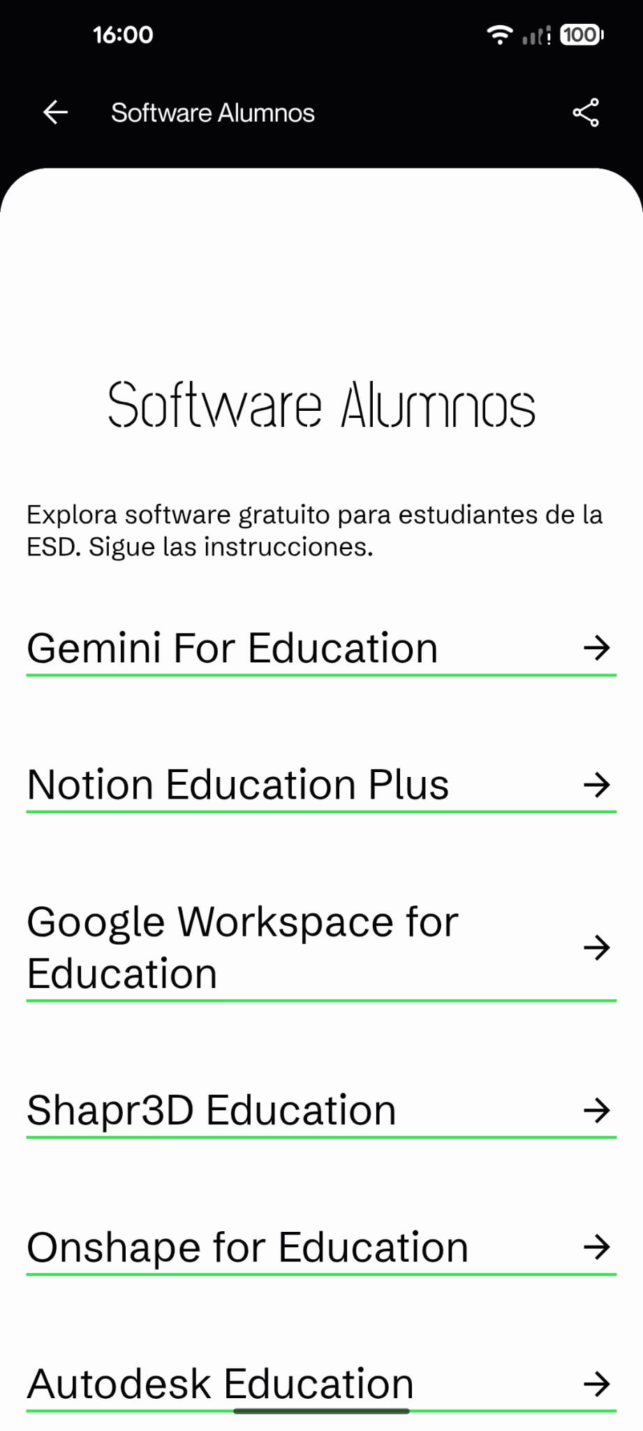 Pantalla de Software Alumnos de la ASO.app